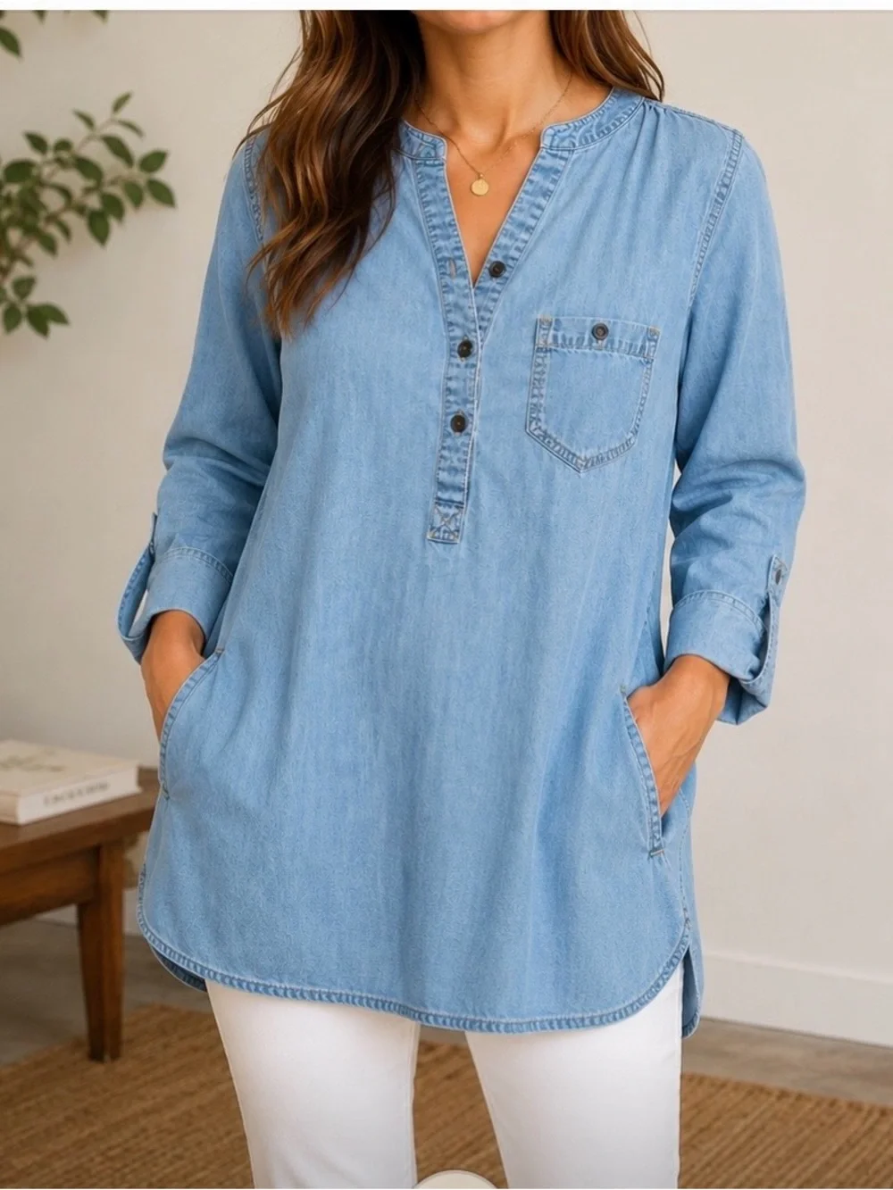 Ellos Sz 10 Light Blue Denim Tunic Top With Pockets 100% Cotton - Picture 1 of 5